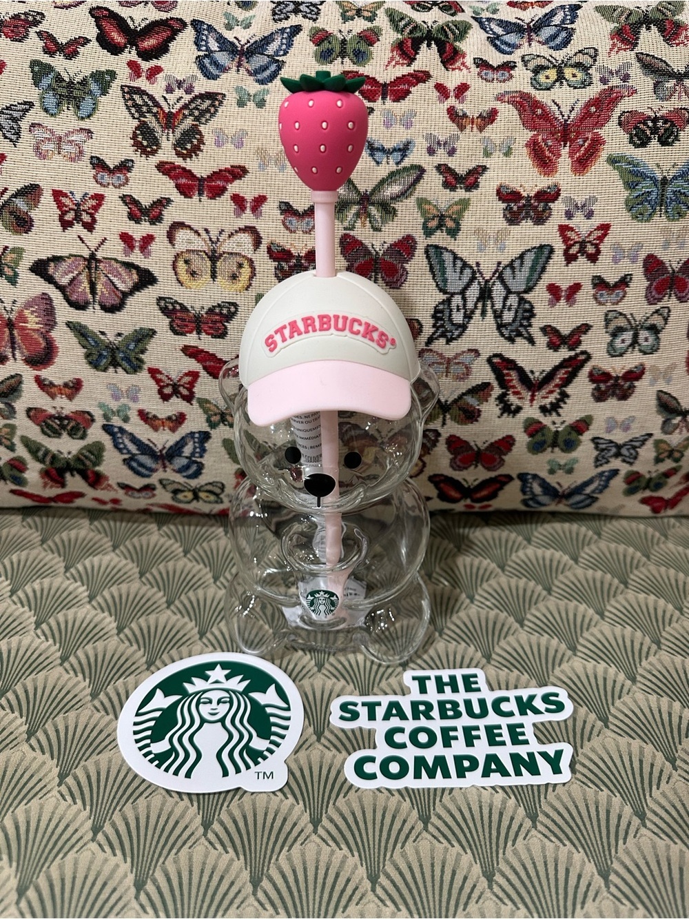 Starbucks Viral Pink Bearista Glass Cup w/ Strawberry Straw & Hat Topper 20 oz